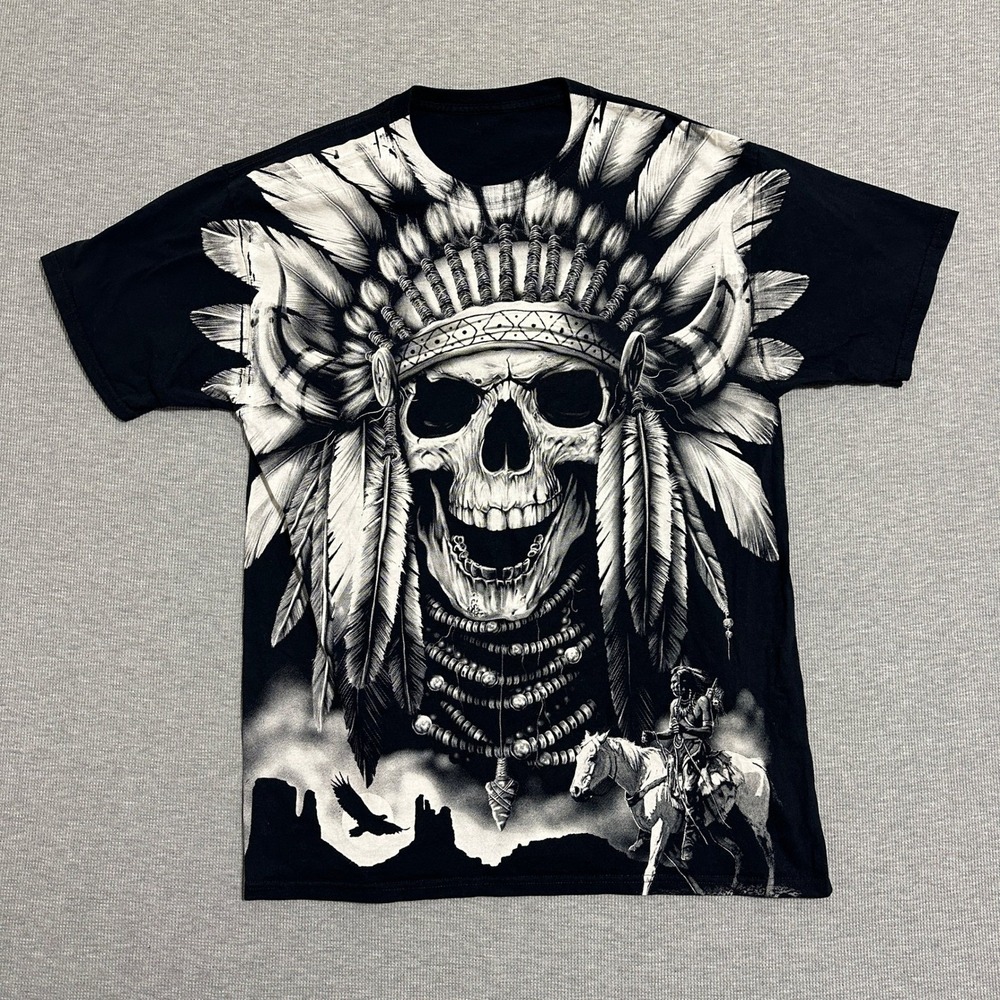 Y2K Skull Native Headdress All Over Print Tee Black‎ White Western Biker Large